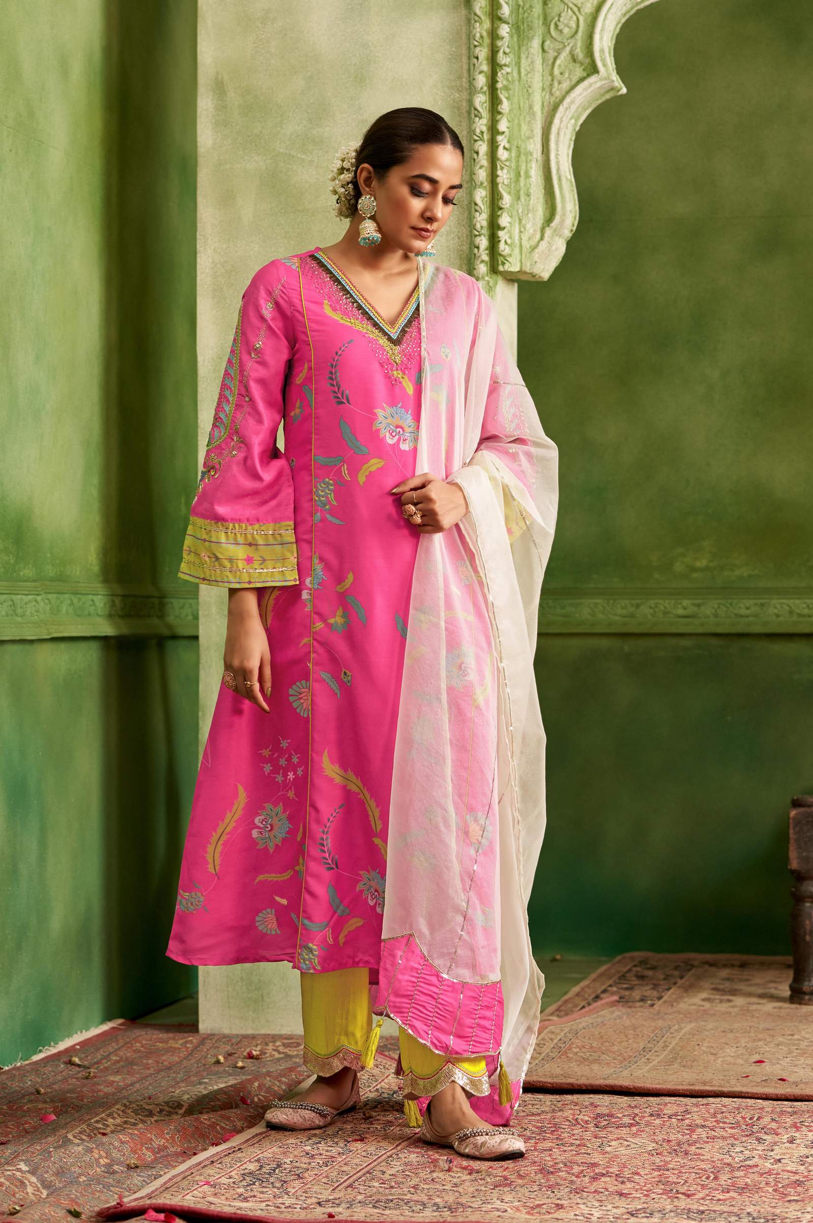 Women Pink Floral Printed Panelled Pure Cotton Kurta with Palazzos & With Dupatta