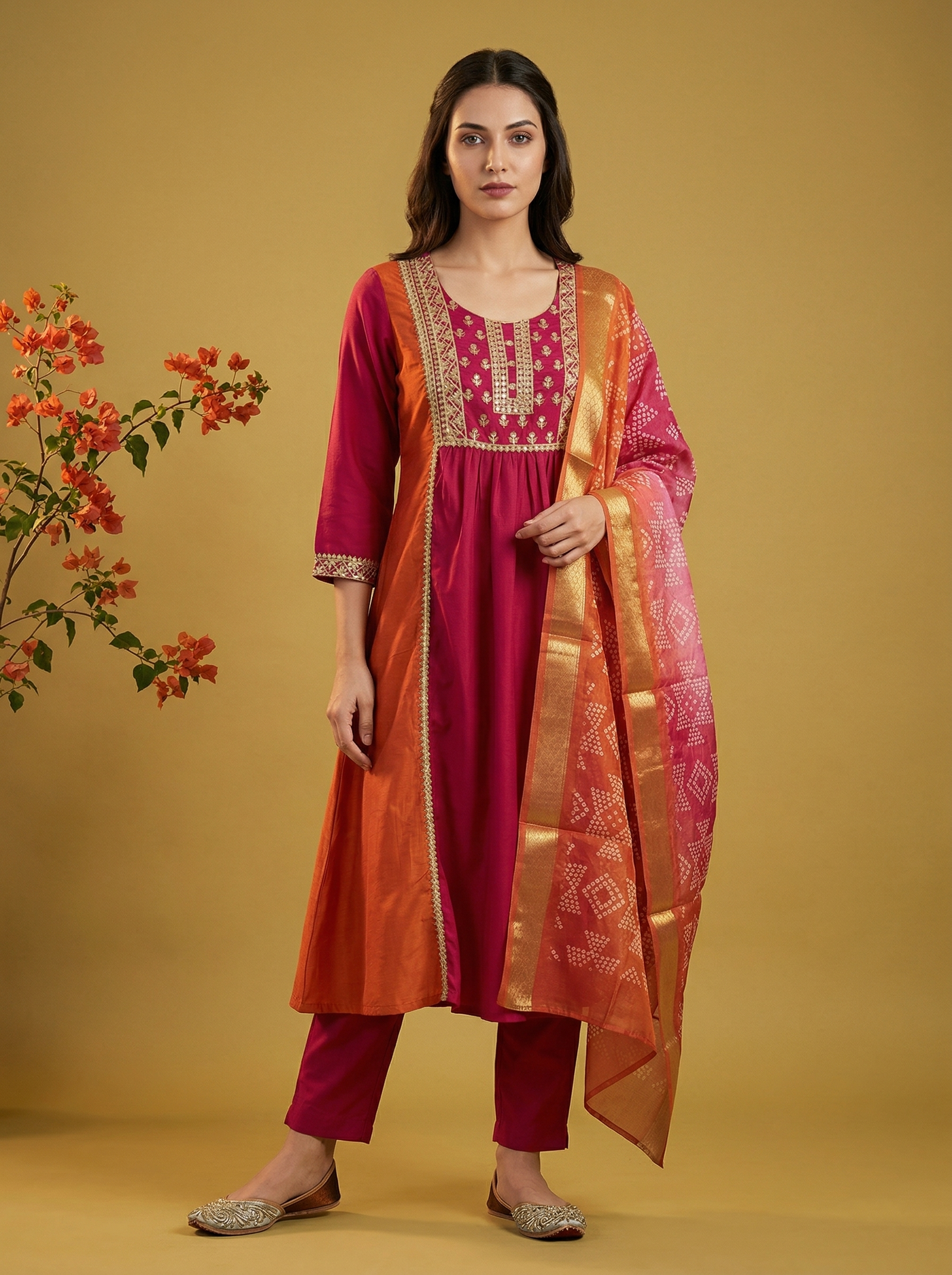 pink-orange-chinnon-embroidered-anarkali-kurta-set-with-pant-printed-organza-dupatta