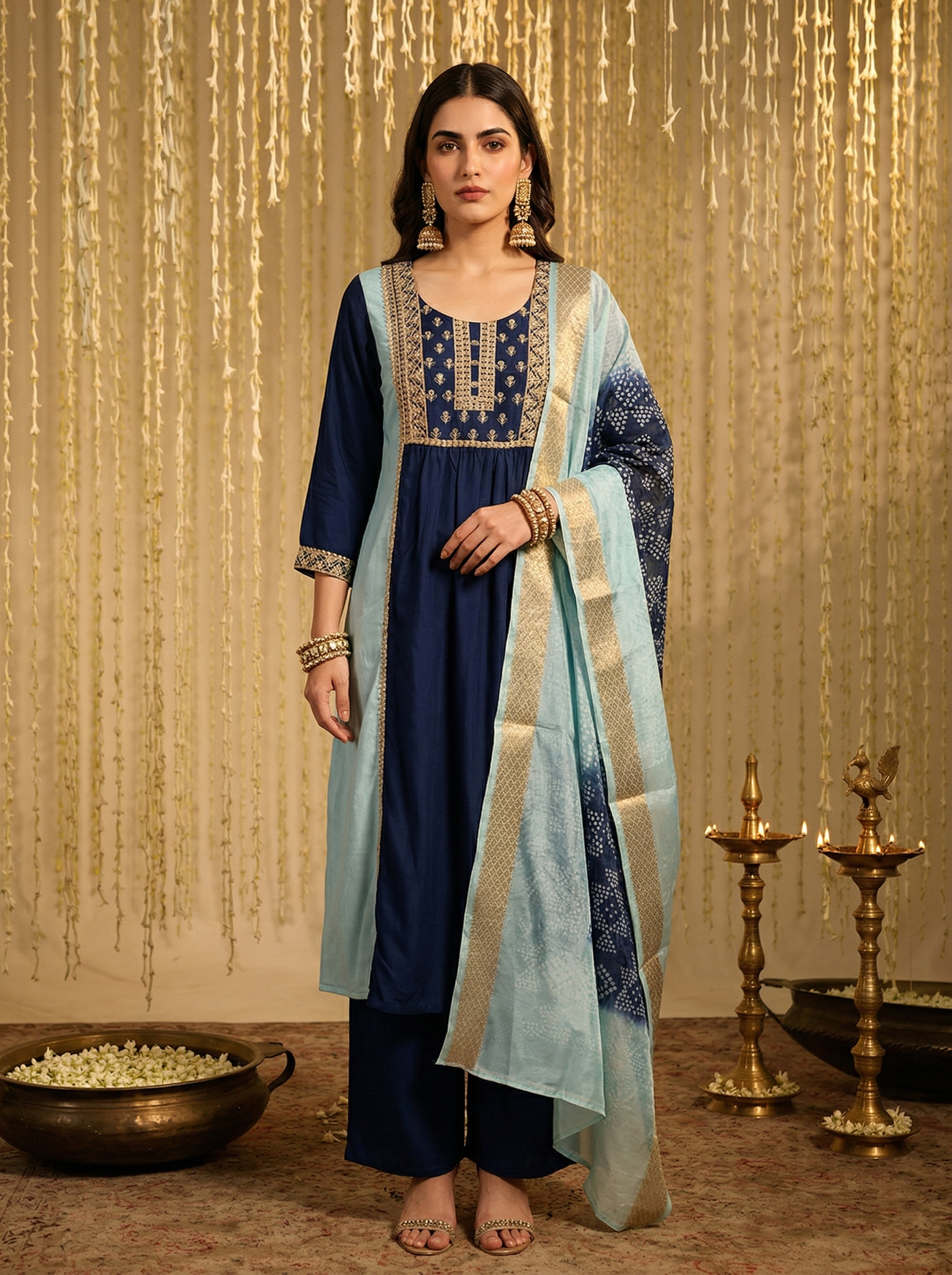 sky-blue-navy-blue-chinnon-embroidered-anarkali-kurta-set-with-pant-printed-organza-dupatta
