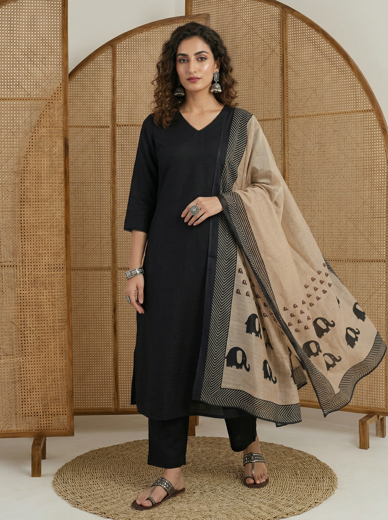 women-black-cotton-calf-length-kurta-with-pant-cream-chanderi-printed-dupatta
