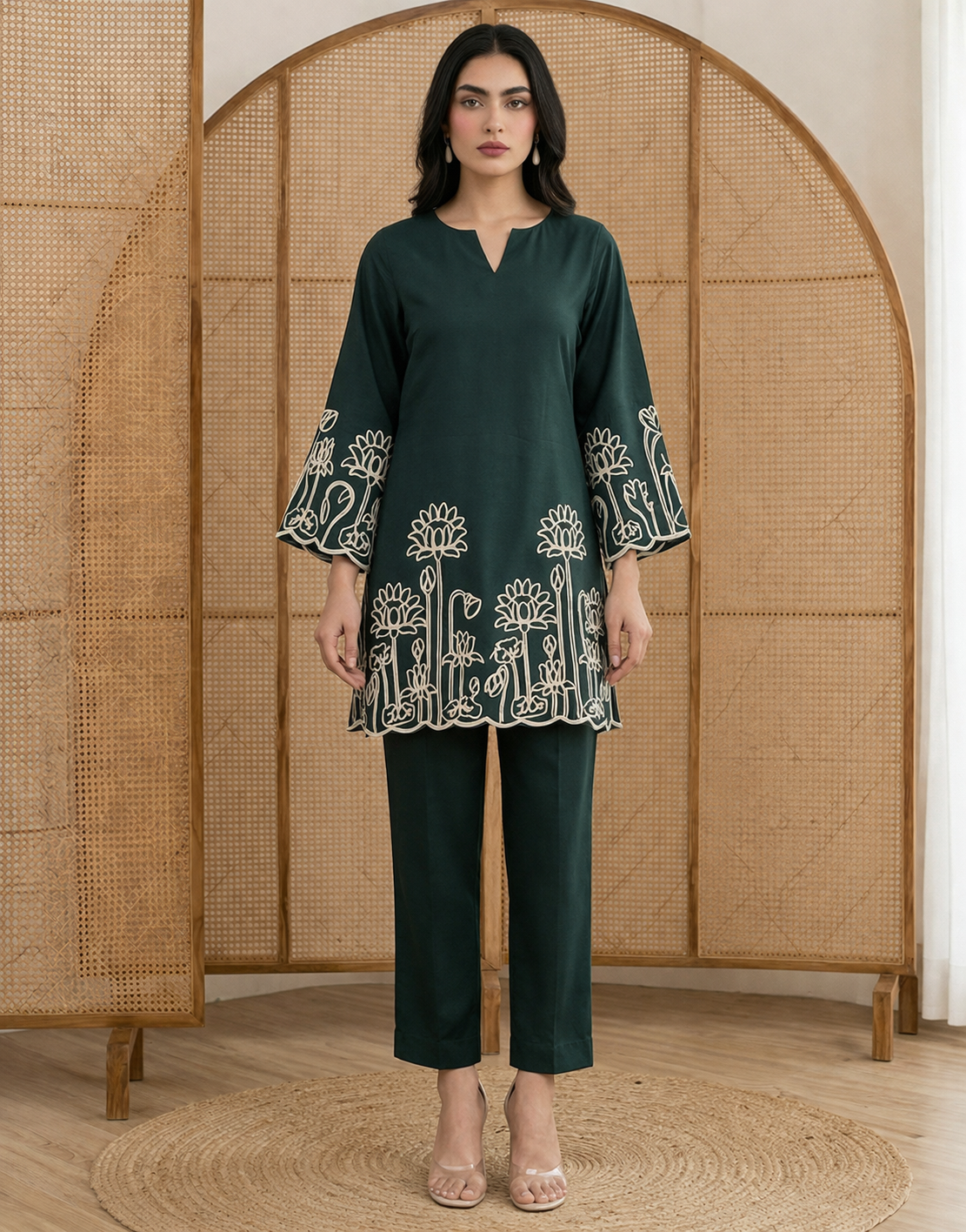 women-dark-green-embroidered-cotton-blend-straight-kurta-co-ord-set