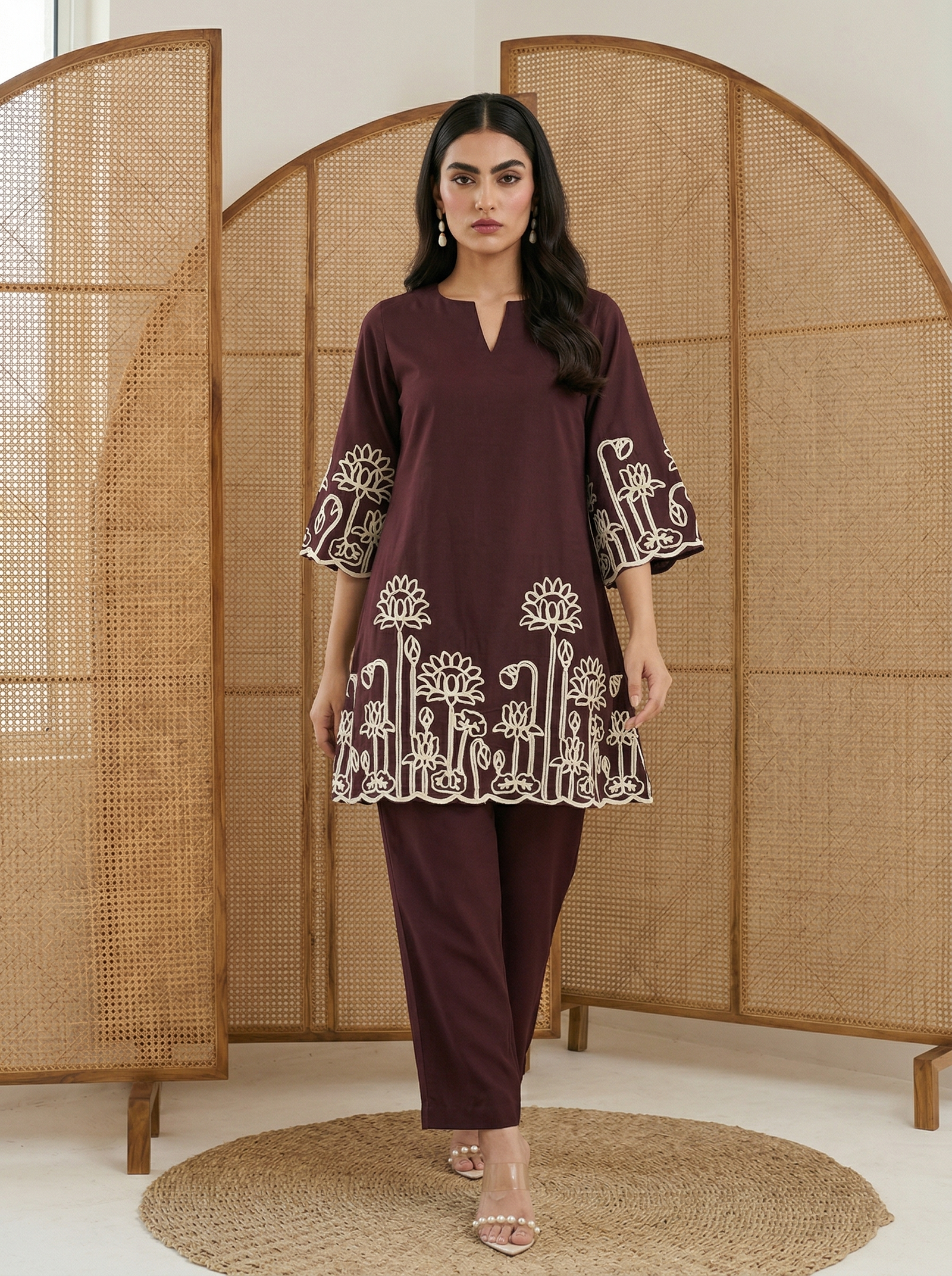 women-coffee-embroidered-cotton-blend-straight-kurta-co-ord-set