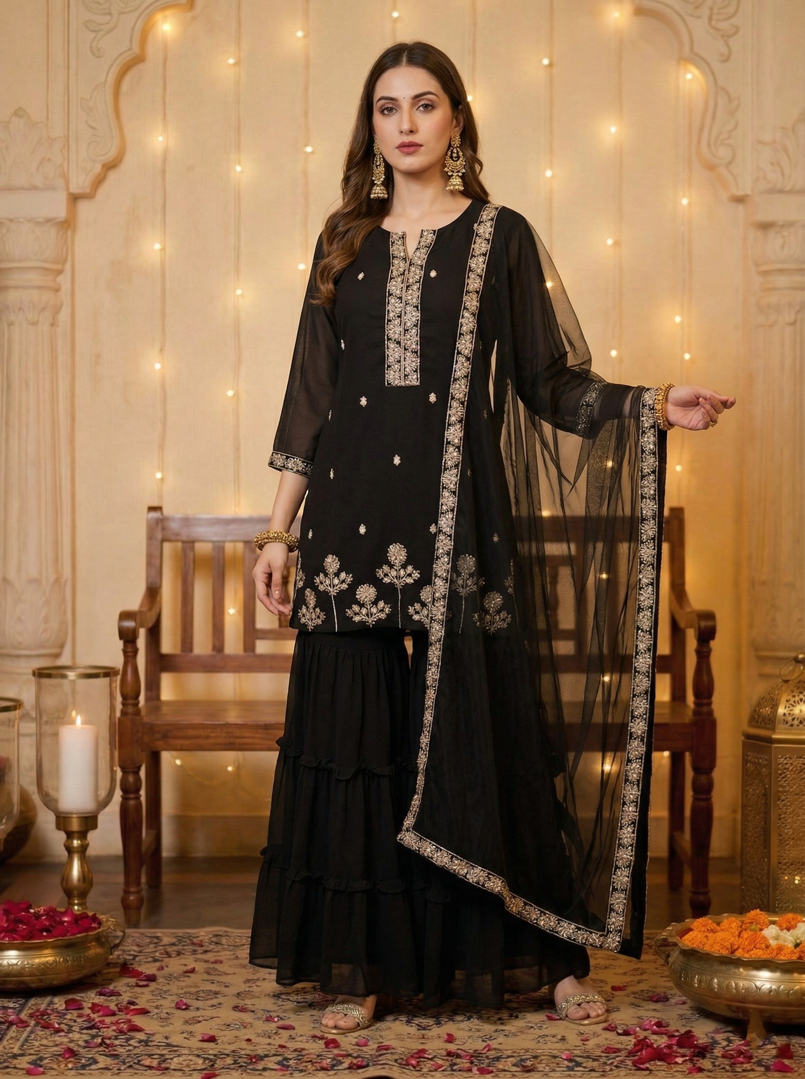 women-black-georgette-handwork-embroidered-straight-kurta-with-sharara-net-dupatta