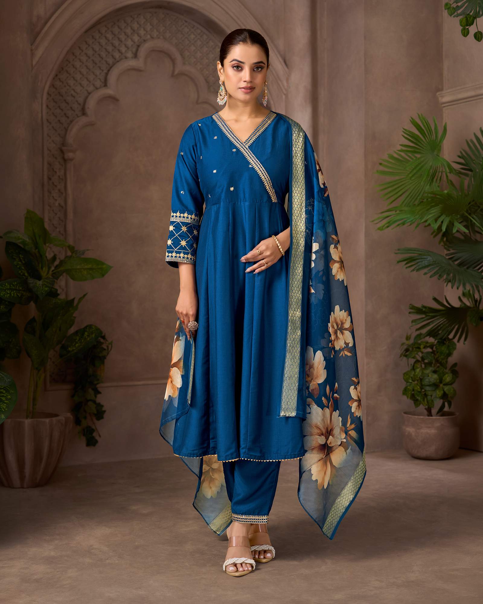 women-blue-cotton-embroidered-straight-anarkali-kurta-set-with-printed-organza-dupatta-pants