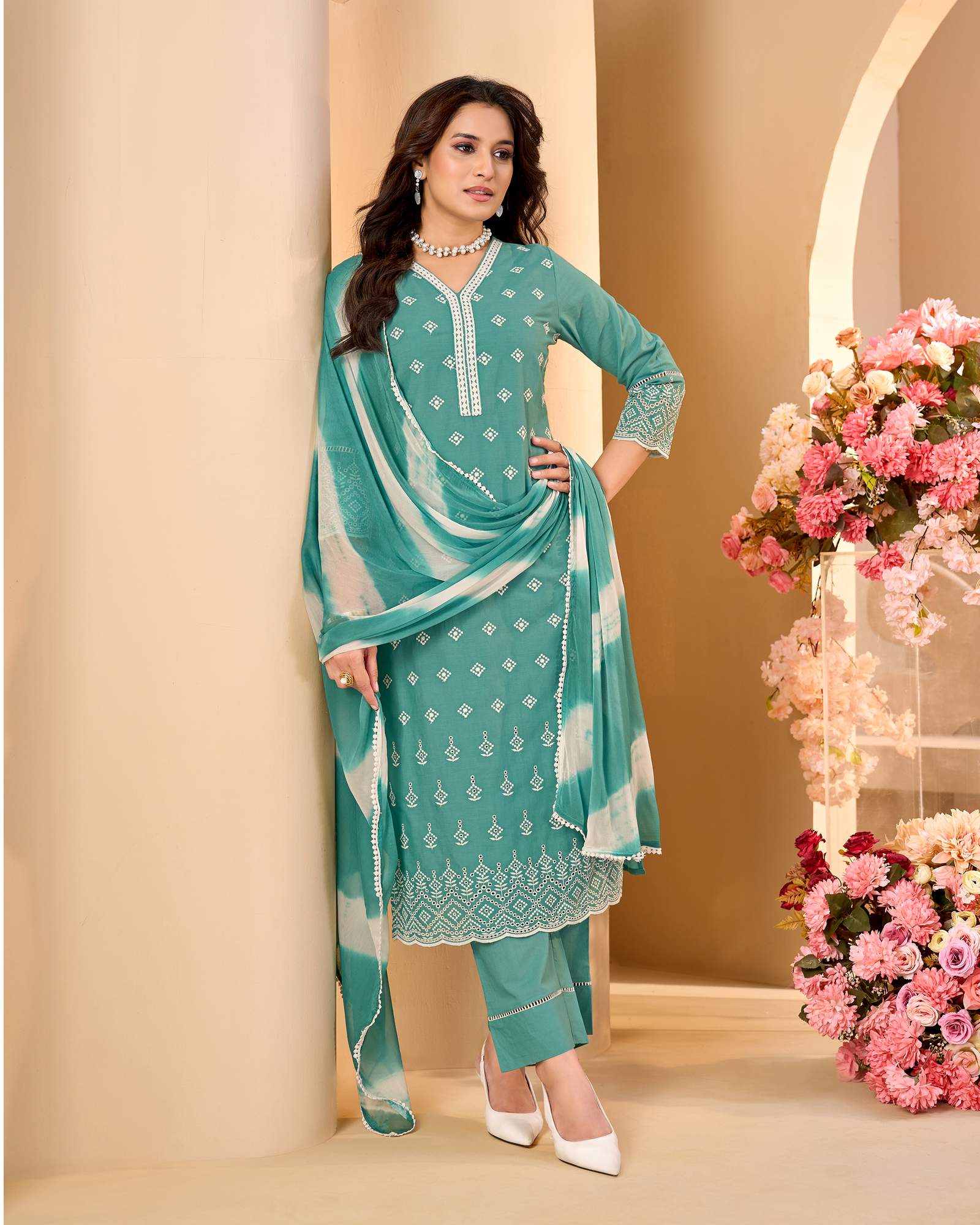 turquoise-blue-pure-cotton-schiffli-embroidered-straight-kurta-set-dupatta