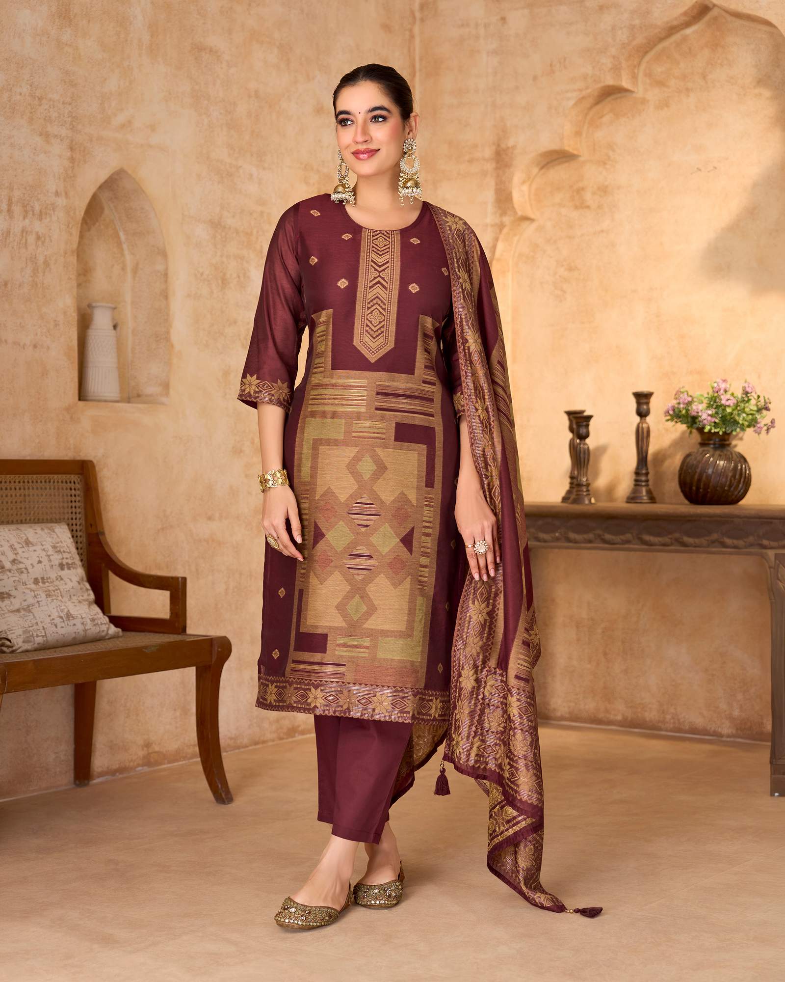 maroon-jacquard-art-silk-kurta-set-with-cotton-bottom-silk-blend-dupatta