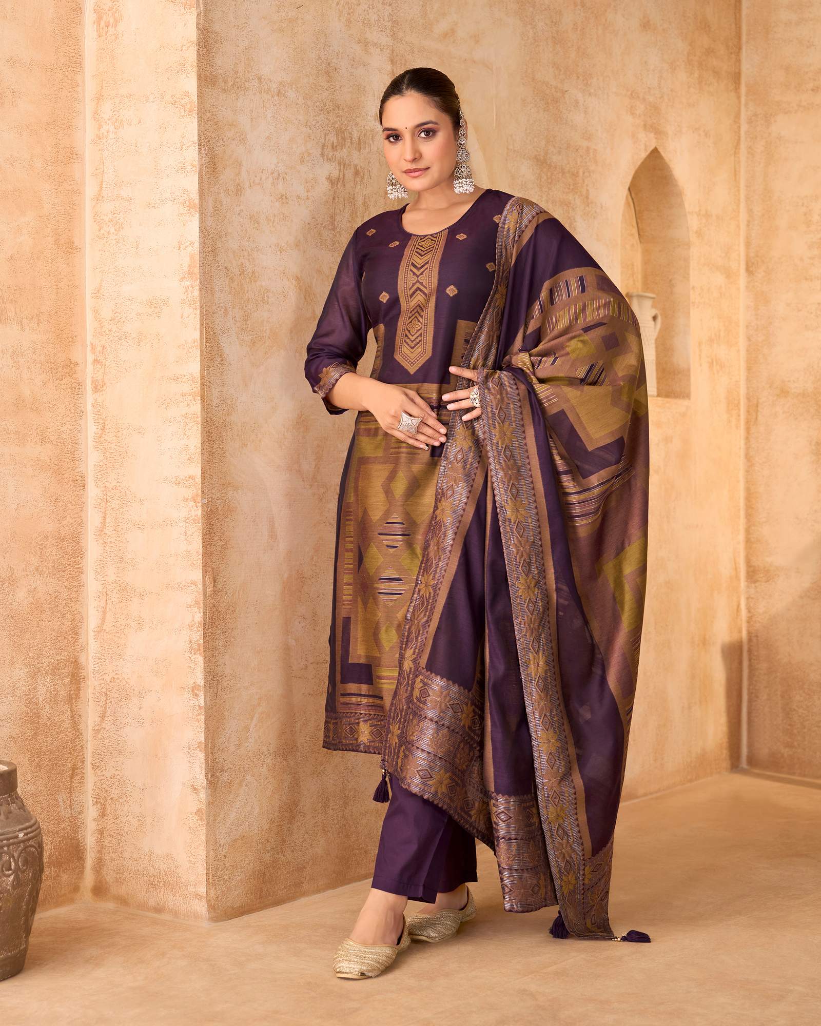 wine-jacquard-art-silk-fla-wine-kurta-set-with-cotton-bottom-silk-blend-dupatta