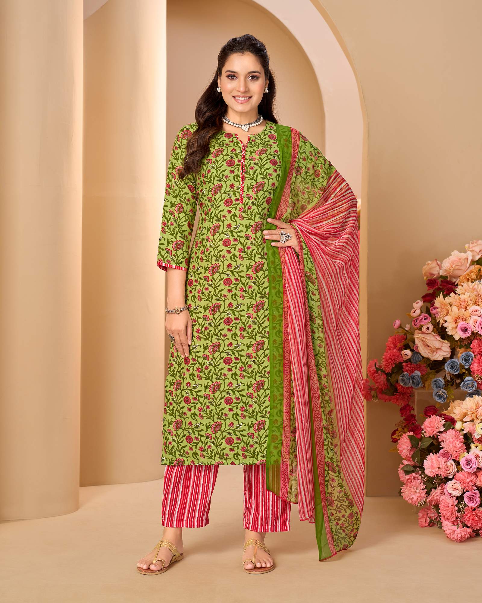 womens-pista-green-cotton-blend-printed-straight-kurta-with-printed-pant-chanderi-printed-dupatta