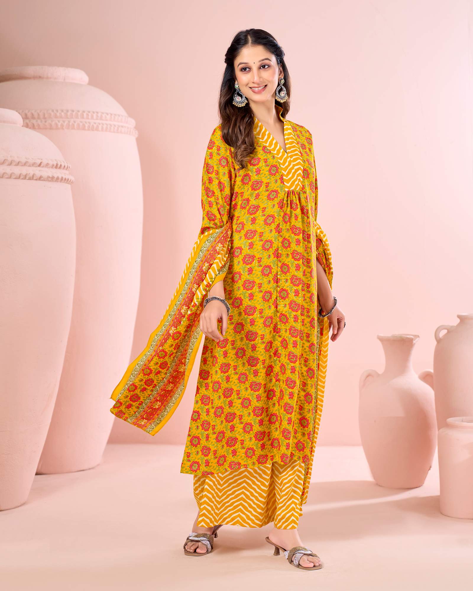 womens-yellow-cotton-blend-printed-flared-kurta-with-printed-pant-chanderi-printed-dupatta