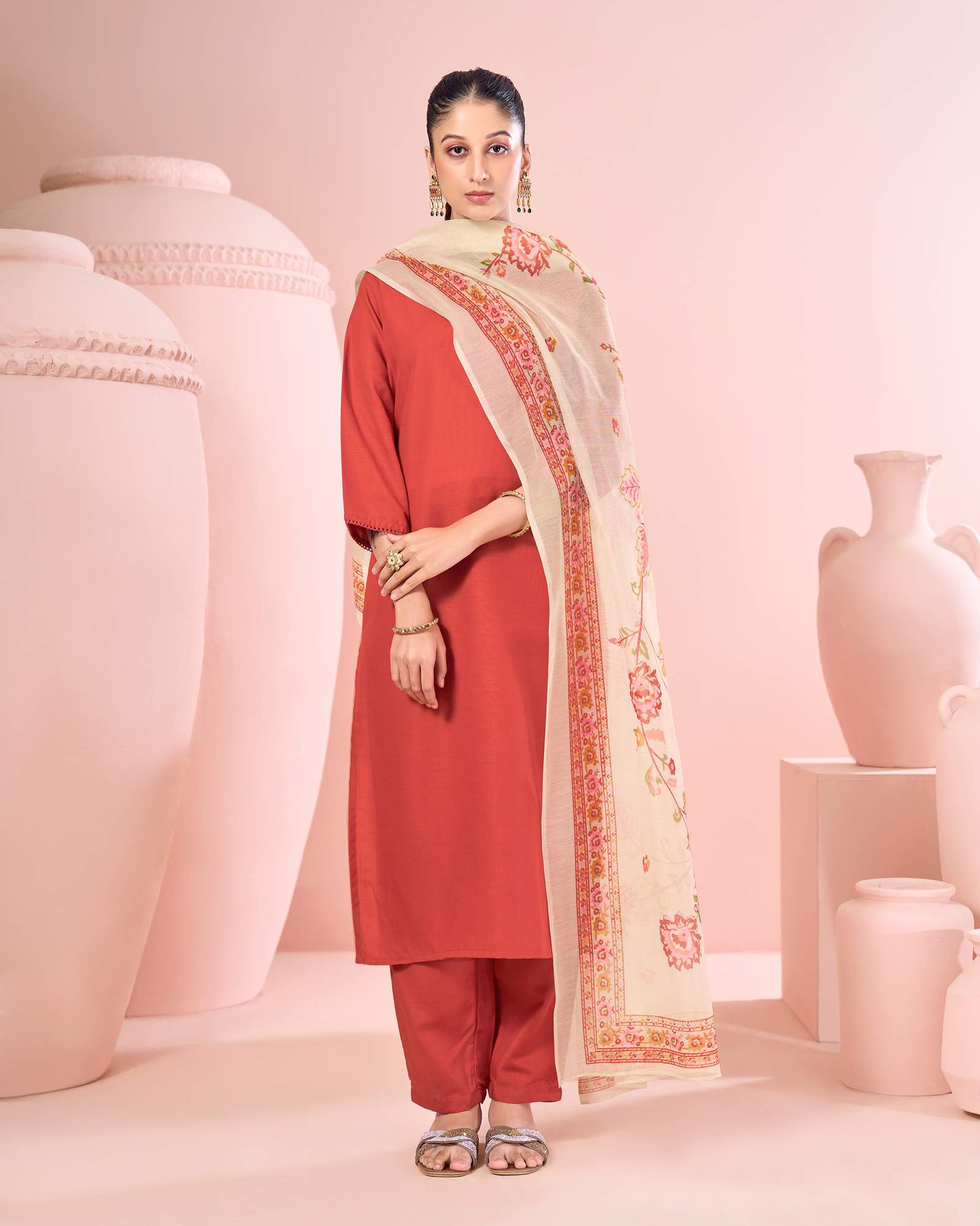 women-rust-cotton-calf-length-kurta-with-pant-cream-chanderi-printed-dupatta