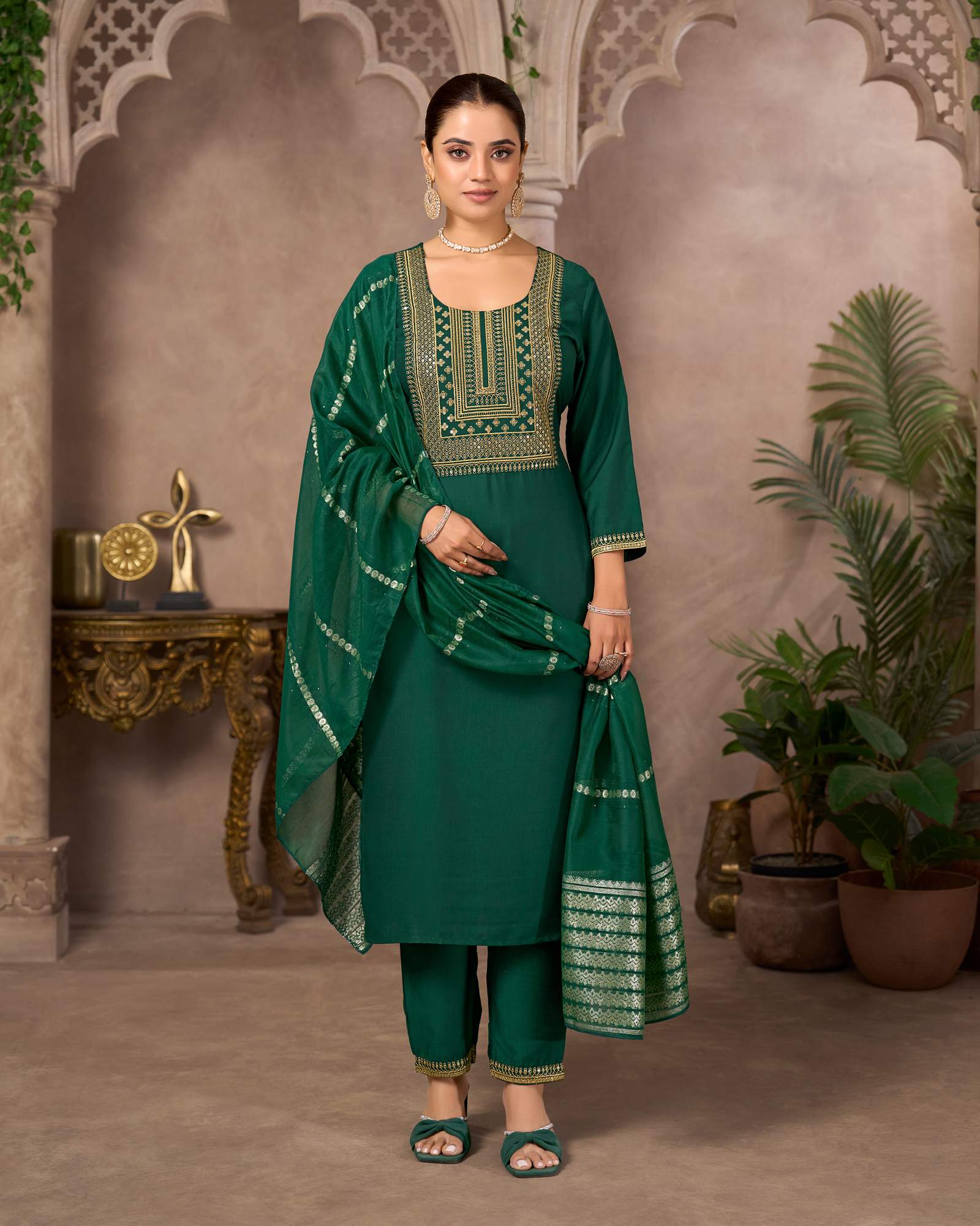 bottle-green-chinnon-embroidered-kurta-set-with-dupatta