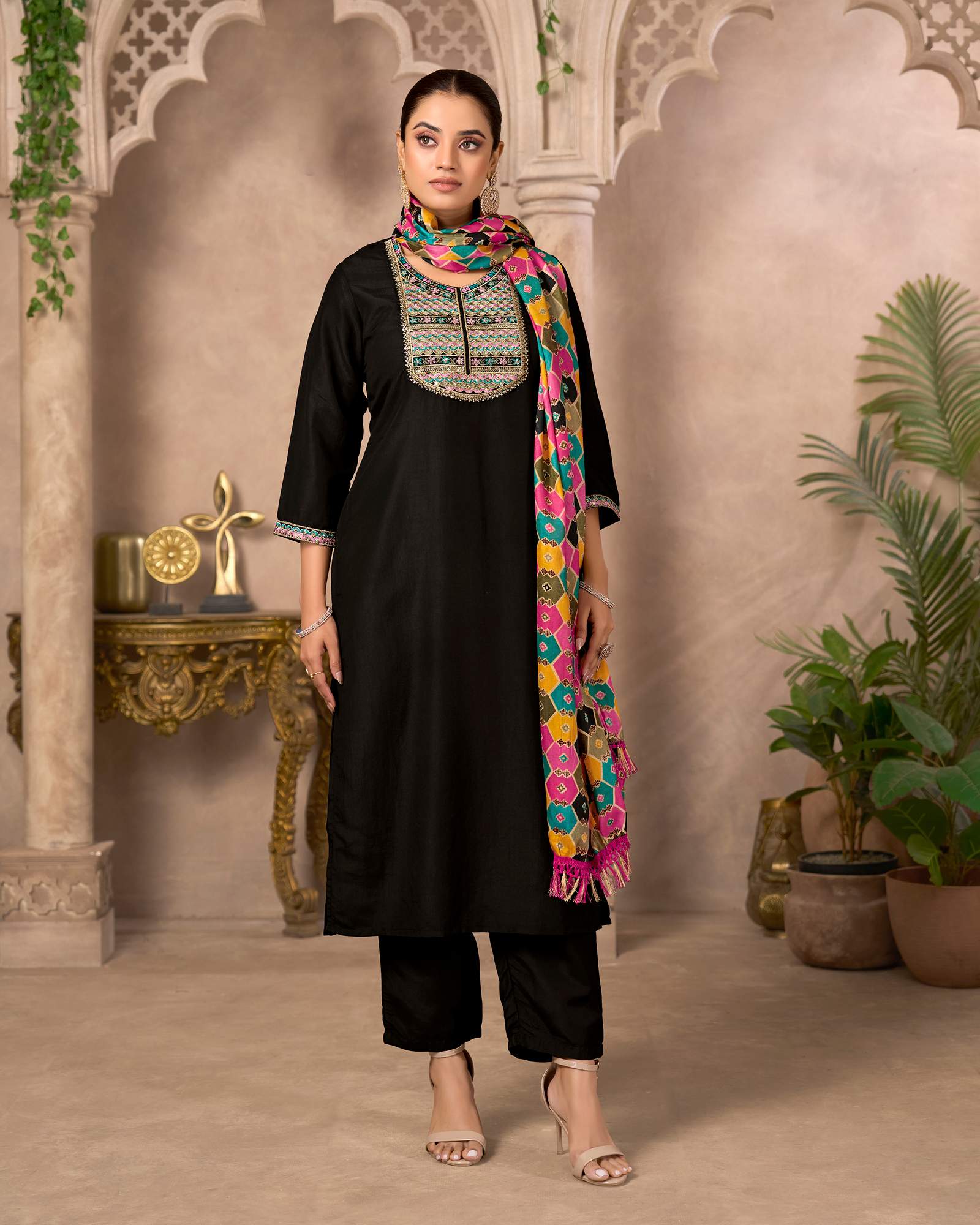 womens-black-cotton-blend-embroidered-straight-kurta-set-multicolor-chinon-patola-printed-dupatta-set