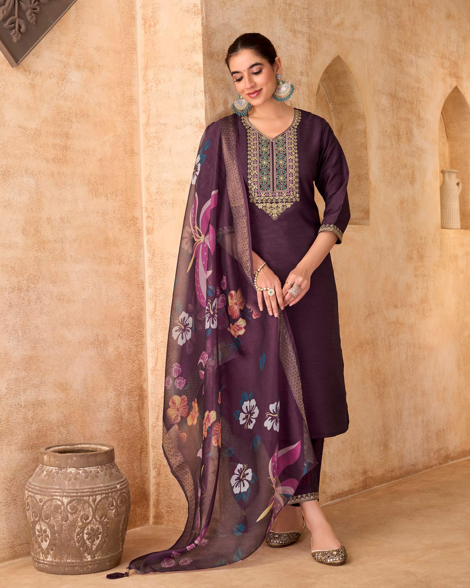 womens-designer-wine-cotton-blend-embroidered-straight-kurta-with-pant-and-organza-jacquard-printed-dupatta-set