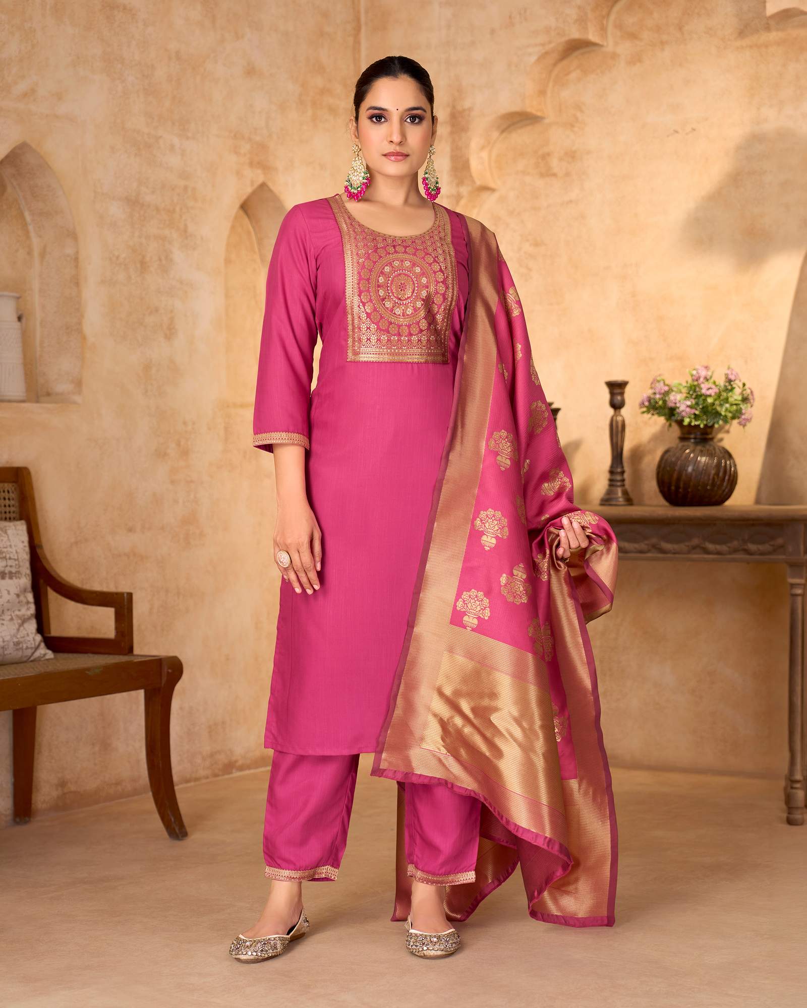 womens-festive-pink-cotton-blend-jacquard-straight-kurta-with-solid-pant-and-silk-jacquard-dupatta-set