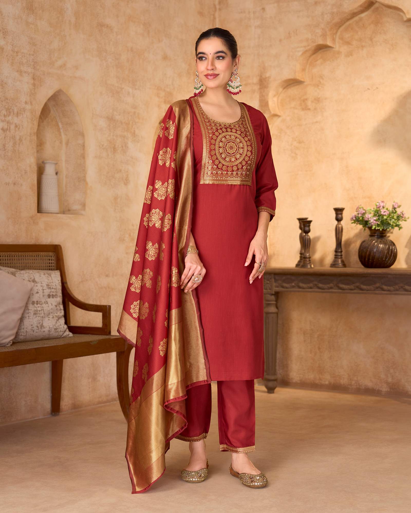 womens-festive-red-cotton-blend-jacquard-straight-kurta-with-solid-pant-and-silk-jacquard-dupatta-set
