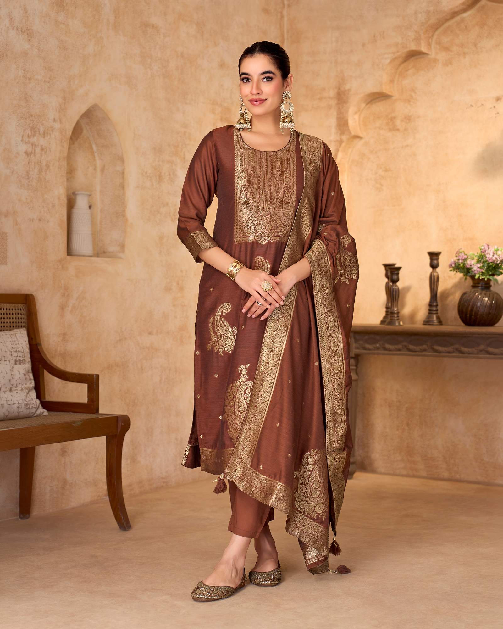 womens-brown-jacquard-art-silk-straight-kurta-set-with-cotton-bottom-silk-blend-dupatta-1