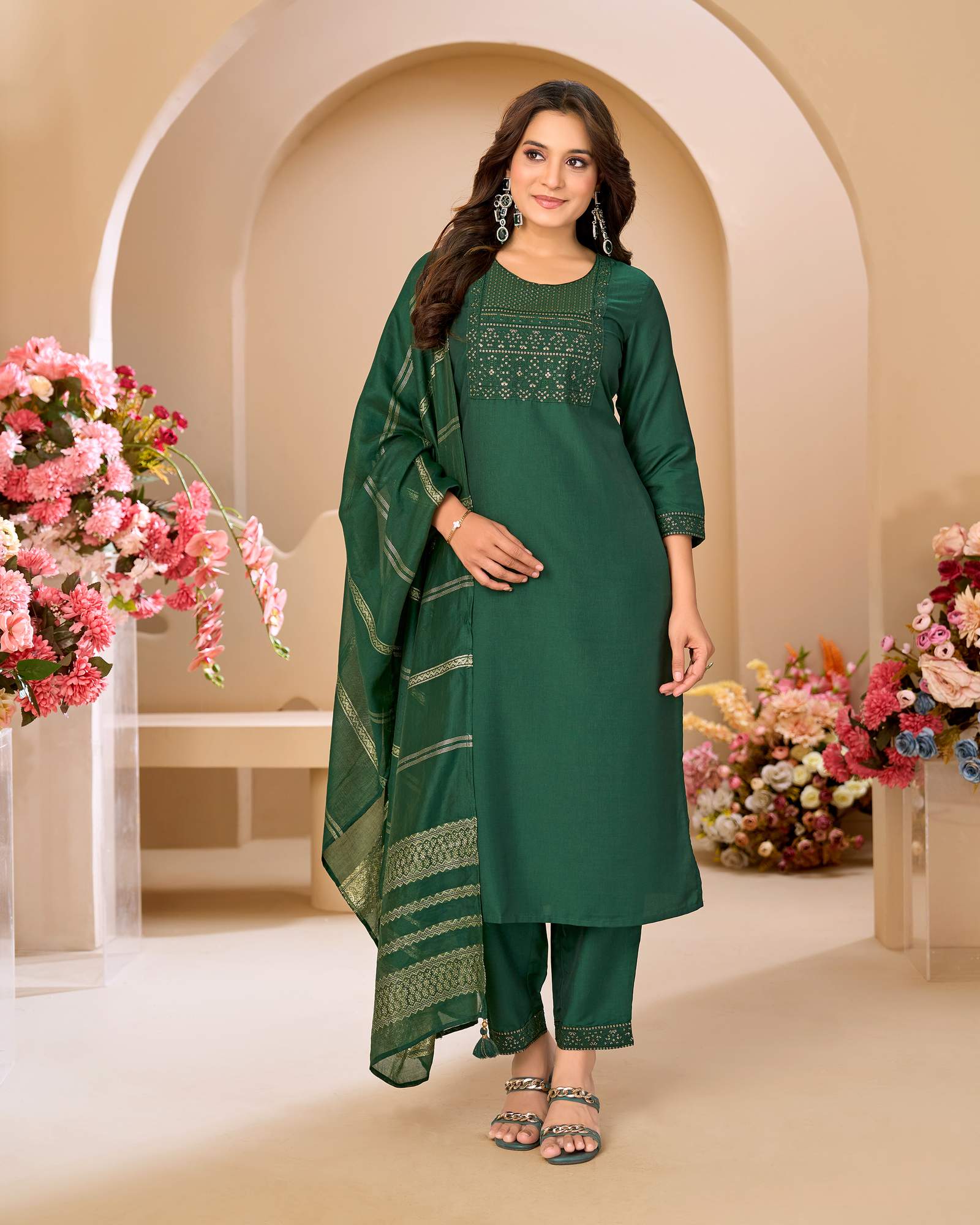 dark-green-cotton-blend-embroidered-with-sequined-work-kurta-set-for-women