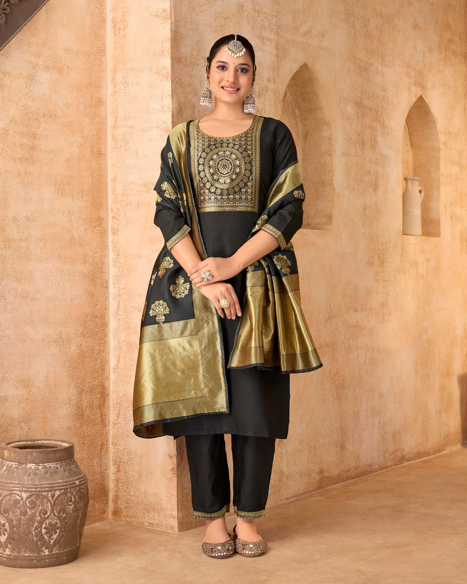 black-cotton-blend-jacquard-kurta-set-with-dupatta-for-women
